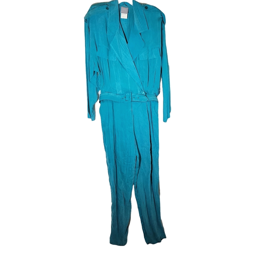 Vintage Rabbit teal 100% silk jumpsuit belted Size 14